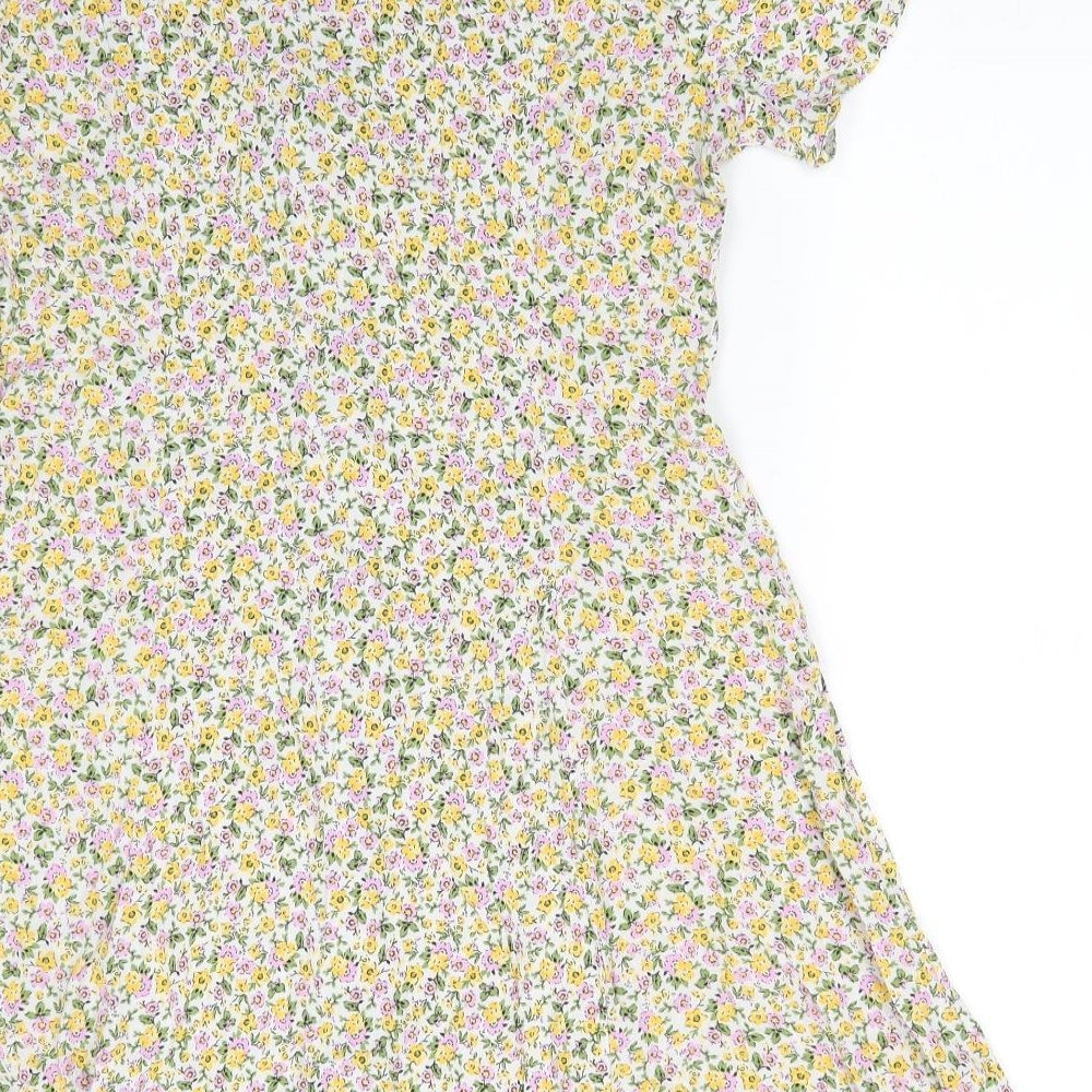 New Look Womens White Floral Viscose Fit & Flare  Size 16  V-Neck  - Yellow & Pink flowers