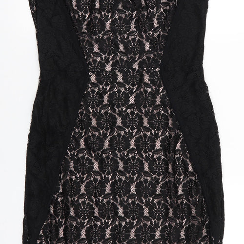 Dorothy Perkins Womens Black Floral Polyester Bodycon  Size 12  Round Neck  - Lace Overlay Dress V Back with zip