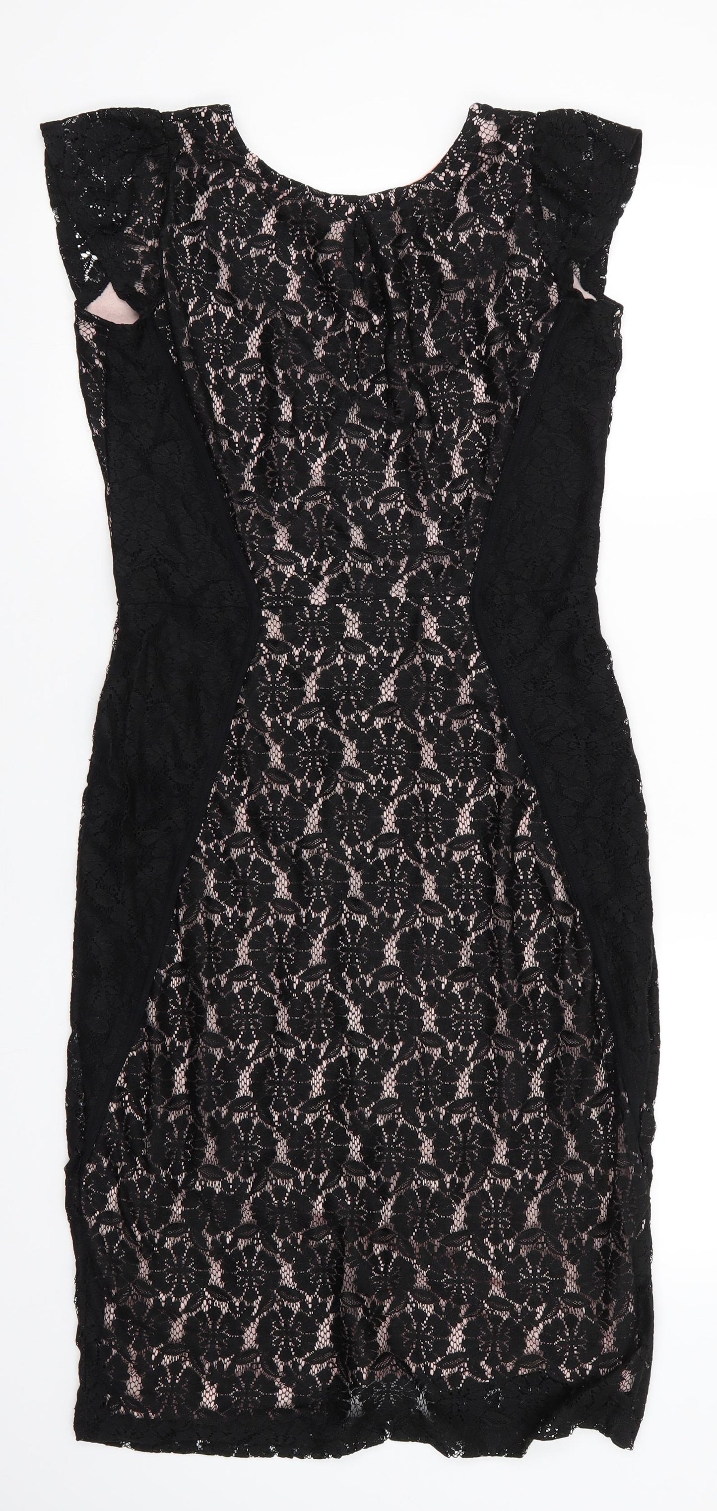 Dorothy Perkins Womens Black Floral Polyester Bodycon  Size 12  Round Neck  - Lace Overlay Dress V Back with zip