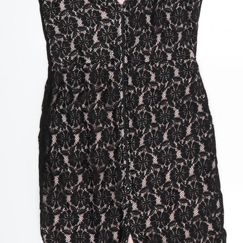 Dorothy Perkins Womens Black Floral Polyester Bodycon  Size 12  Round Neck  - Lace Overlay Dress V Back with zip