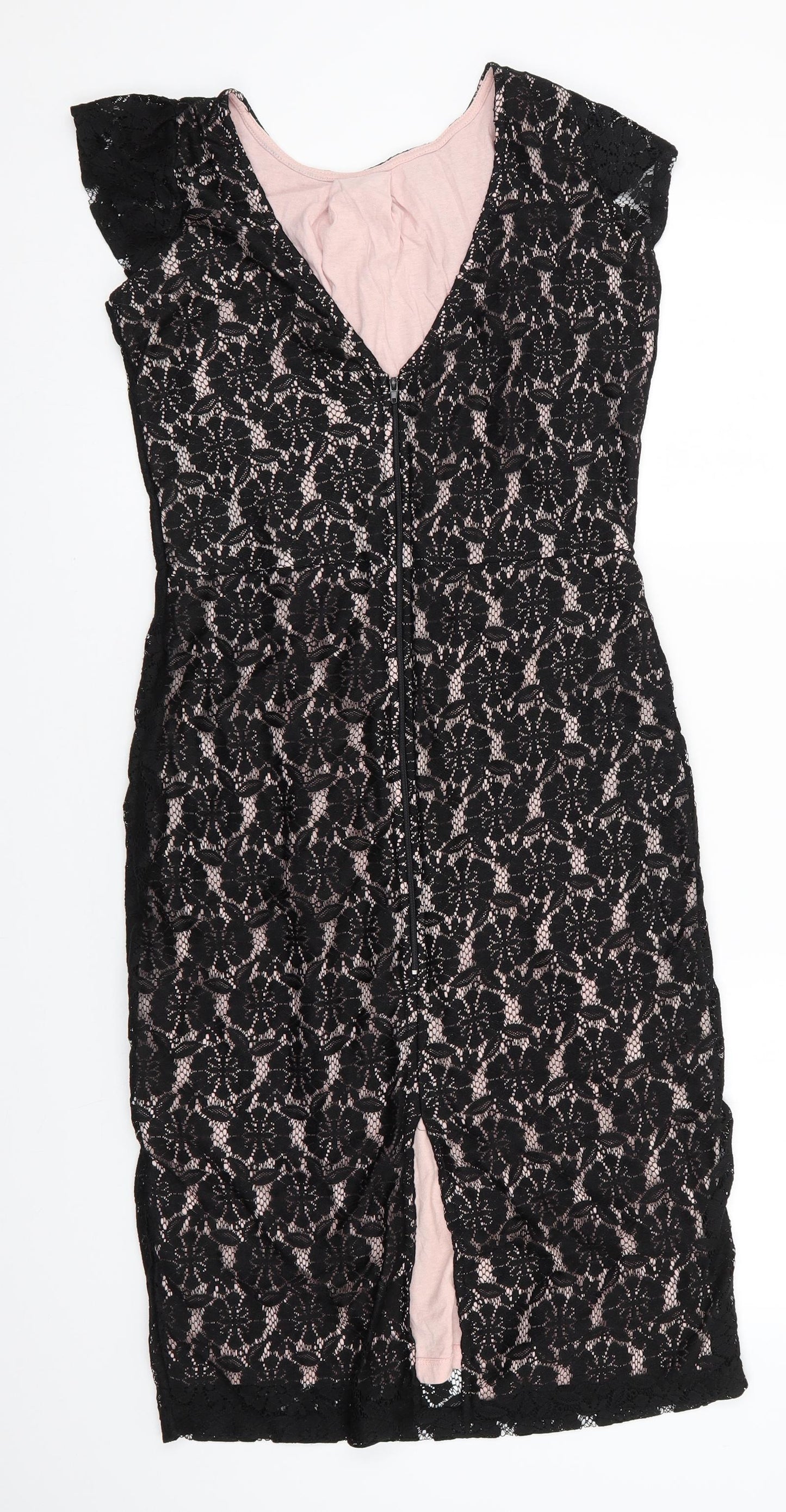 Dorothy Perkins Womens Black Floral Polyester Bodycon  Size 12  Round Neck  - Lace Overlay Dress V Back with zip