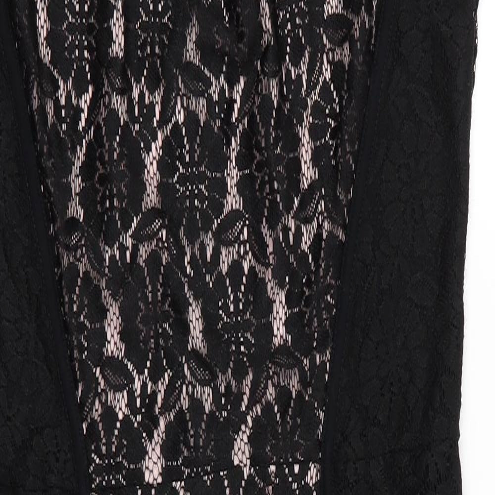 Dorothy Perkins Womens Black Floral Polyester Bodycon  Size 12  Round Neck  - Lace Overlay Dress V Back with zip