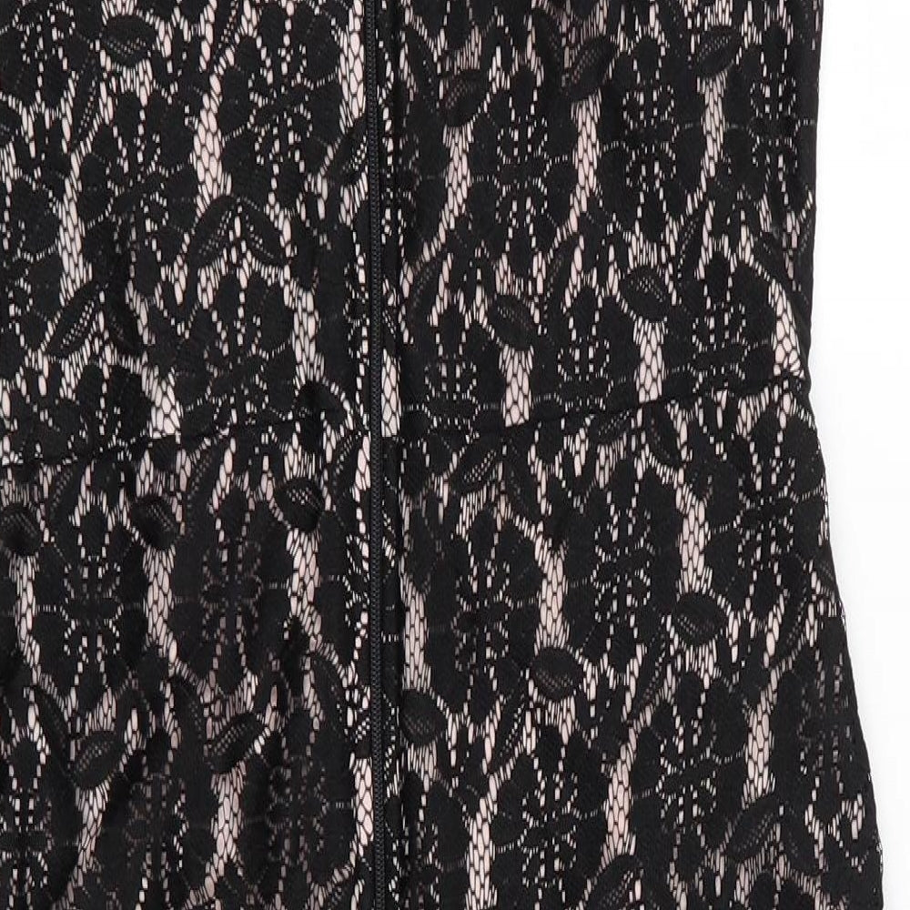 Dorothy Perkins Womens Black Floral Polyester Bodycon  Size 12  Round Neck  - Lace Overlay Dress V Back with zip