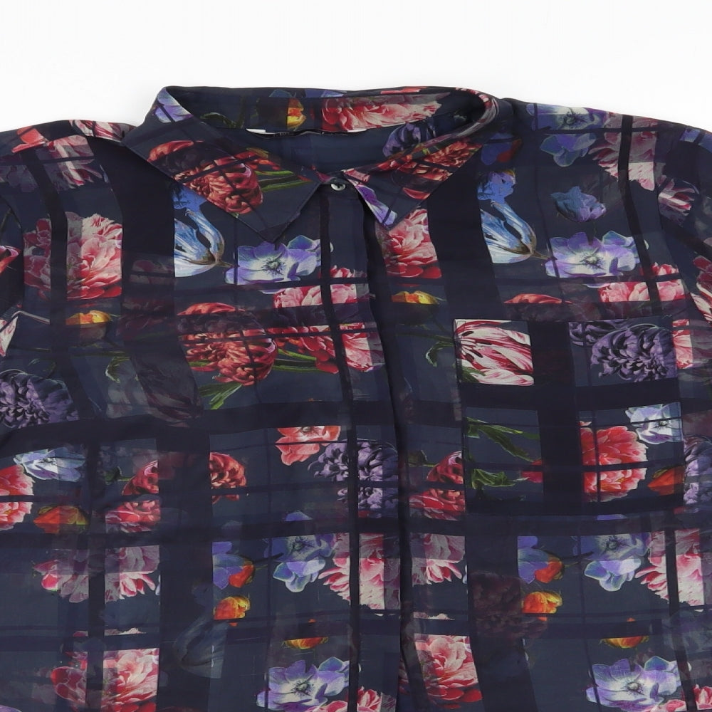 Marks and Spencer Womens Blue Check Polyester Basic Button-Up Size 14 Collared - Multi Flowers