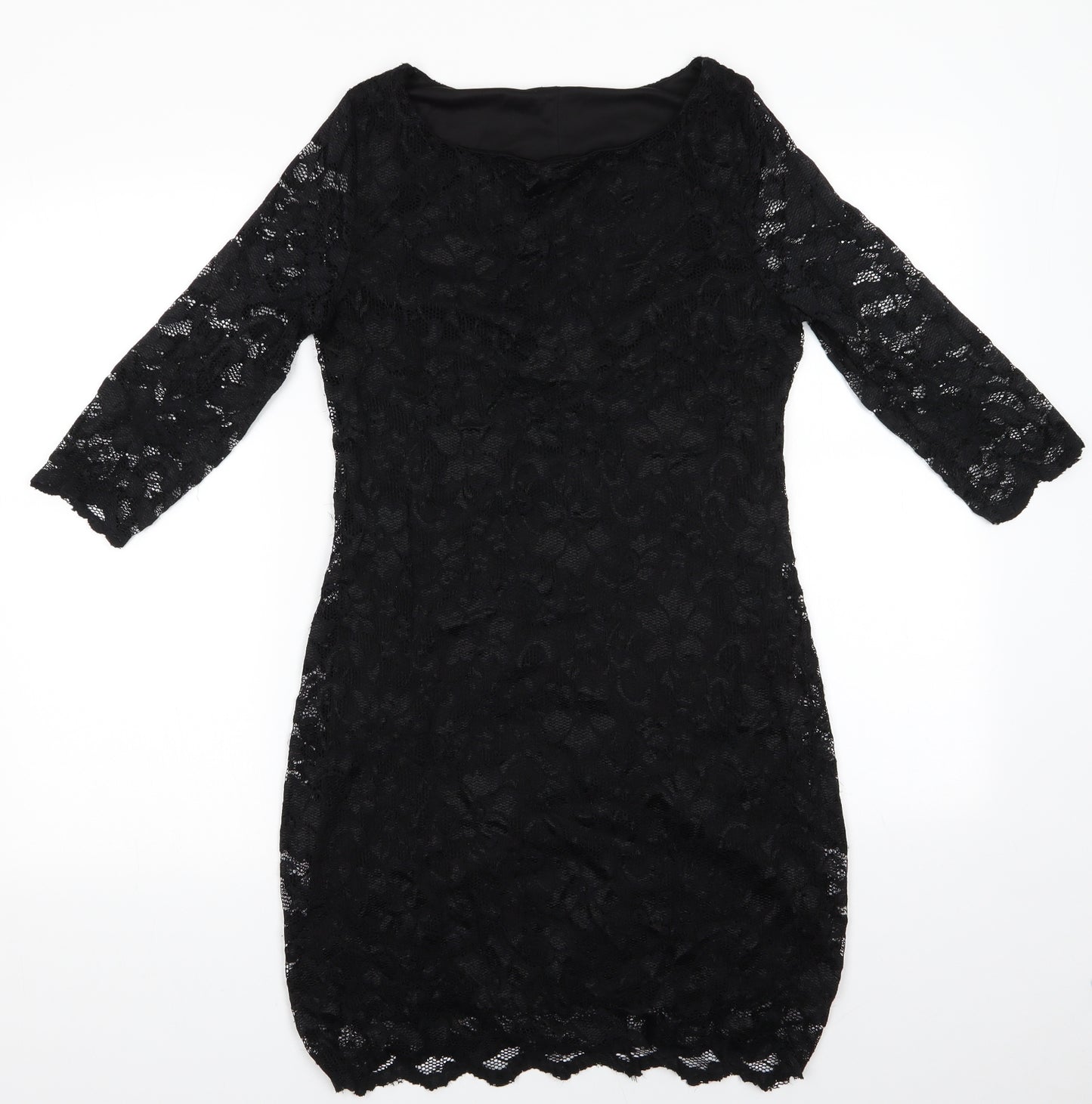 New Look Womens Black Floral Nylon Bodycon  Size 10  Round Neck  - Lace Overlay Dress