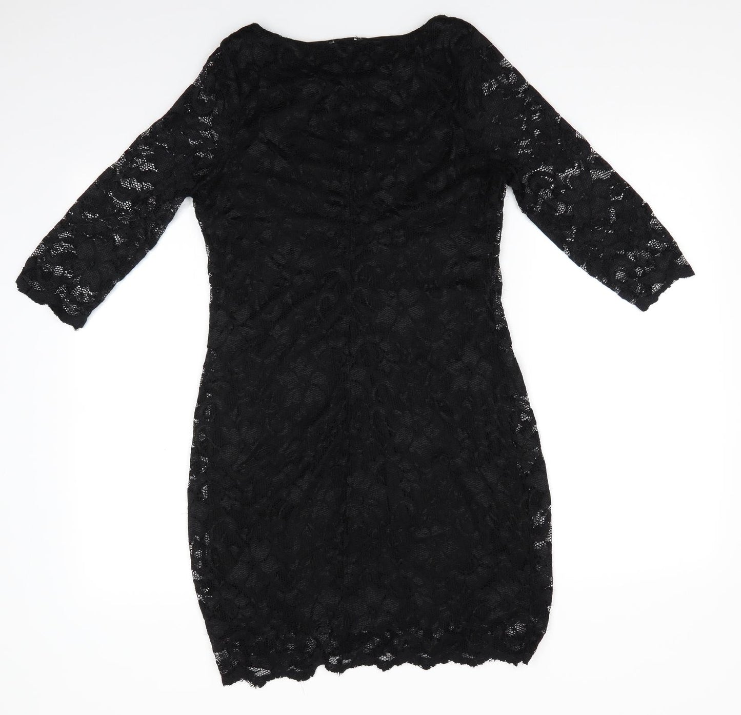 New Look Womens Black Floral Nylon Bodycon  Size 10  Round Neck  - Lace Overlay Dress