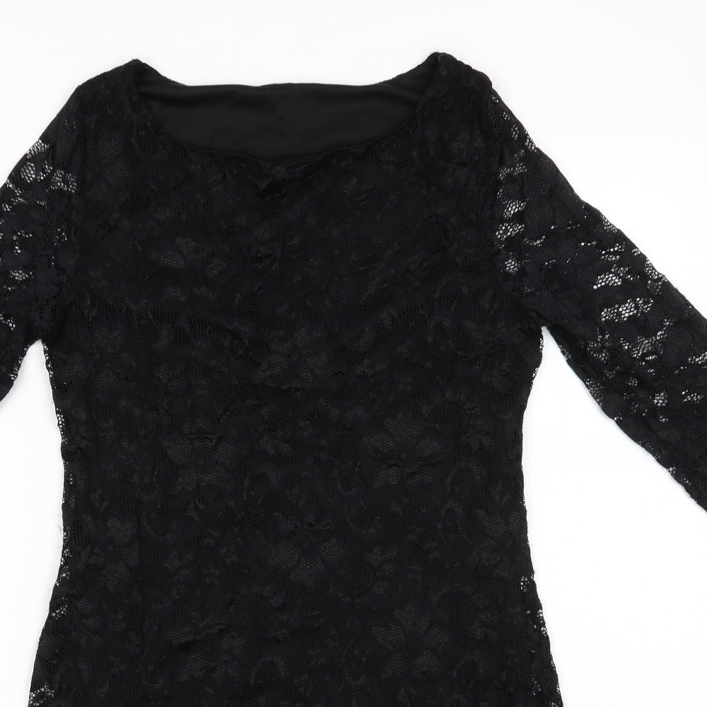 New Look Womens Black Floral Nylon Bodycon  Size 10  Round Neck  - Lace Overlay Dress