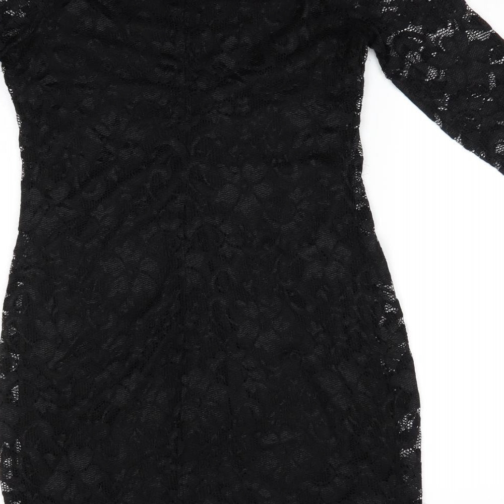 New Look Womens Black Floral Nylon Bodycon  Size 10  Round Neck  - Lace Overlay Dress