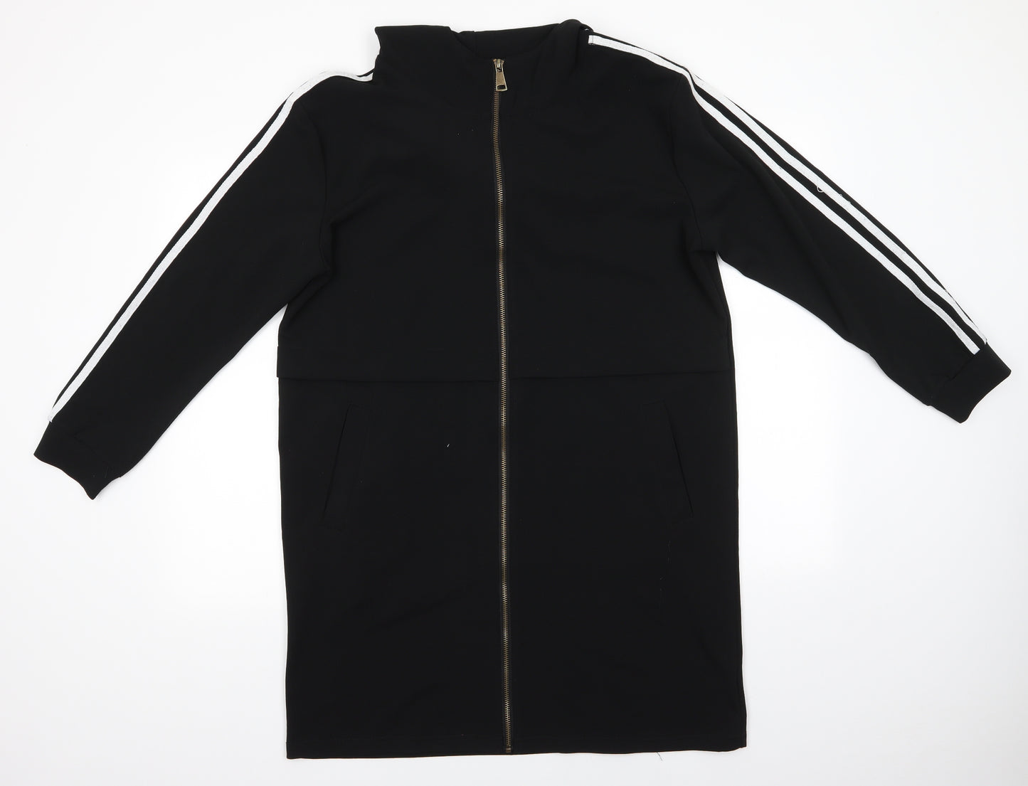 Huixeie Womens Black  Polyester A-Line  Size XL  High Neck  - Front Full Zip White Arm Stripe