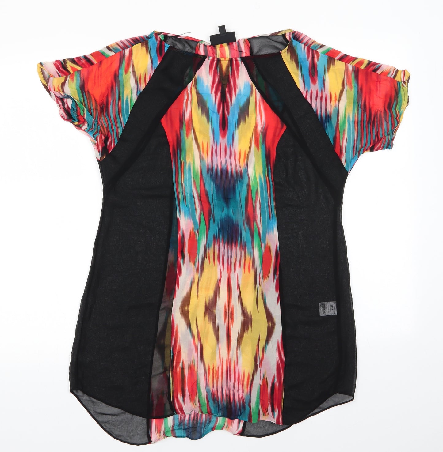 Warehouse Womens Black  Silk A-Line  Size 14  Round Neck  - Beach Dress Multi Coloured Panel & sleeves