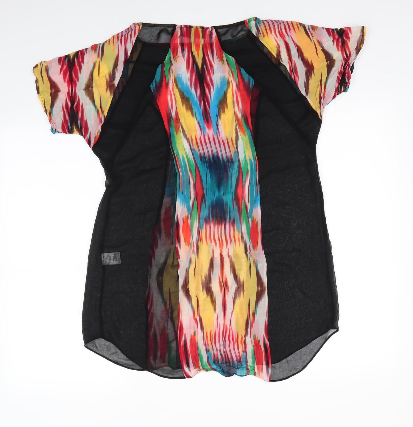 Warehouse Womens Black  Silk A-Line  Size 14  Round Neck  - Beach Dress Multi Coloured Panel & sleeves