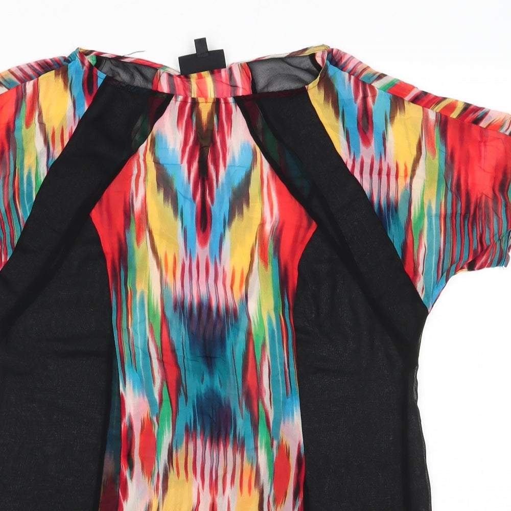 Warehouse Womens Black  Silk A-Line  Size 14  Round Neck  - Beach Dress Multi Coloured Panel & sleeves