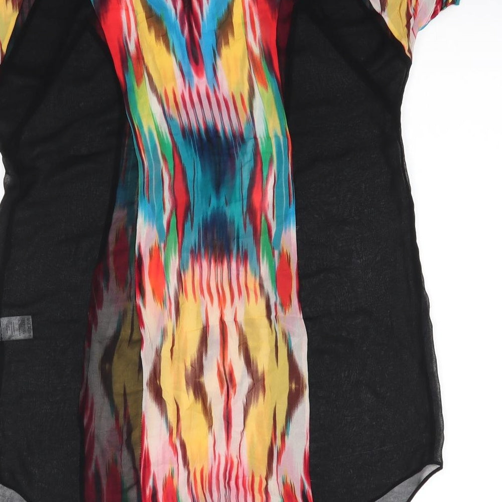 Warehouse Womens Black  Silk A-Line  Size 14  Round Neck  - Beach Dress Multi Coloured Panel & sleeves