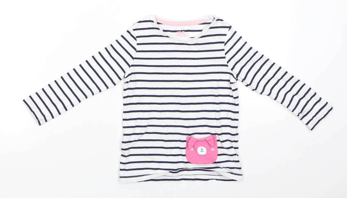Florence and Fred Girls Blue Striped Cotton Basic Casual Size 3-4 Years Round Neck  - Pink Dog Face patch pocket