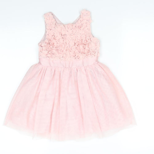 H&M Girls Pink Floral Polyester Fit & Flare    Round Neck  - Subtle glitter effect Fabric Flowers