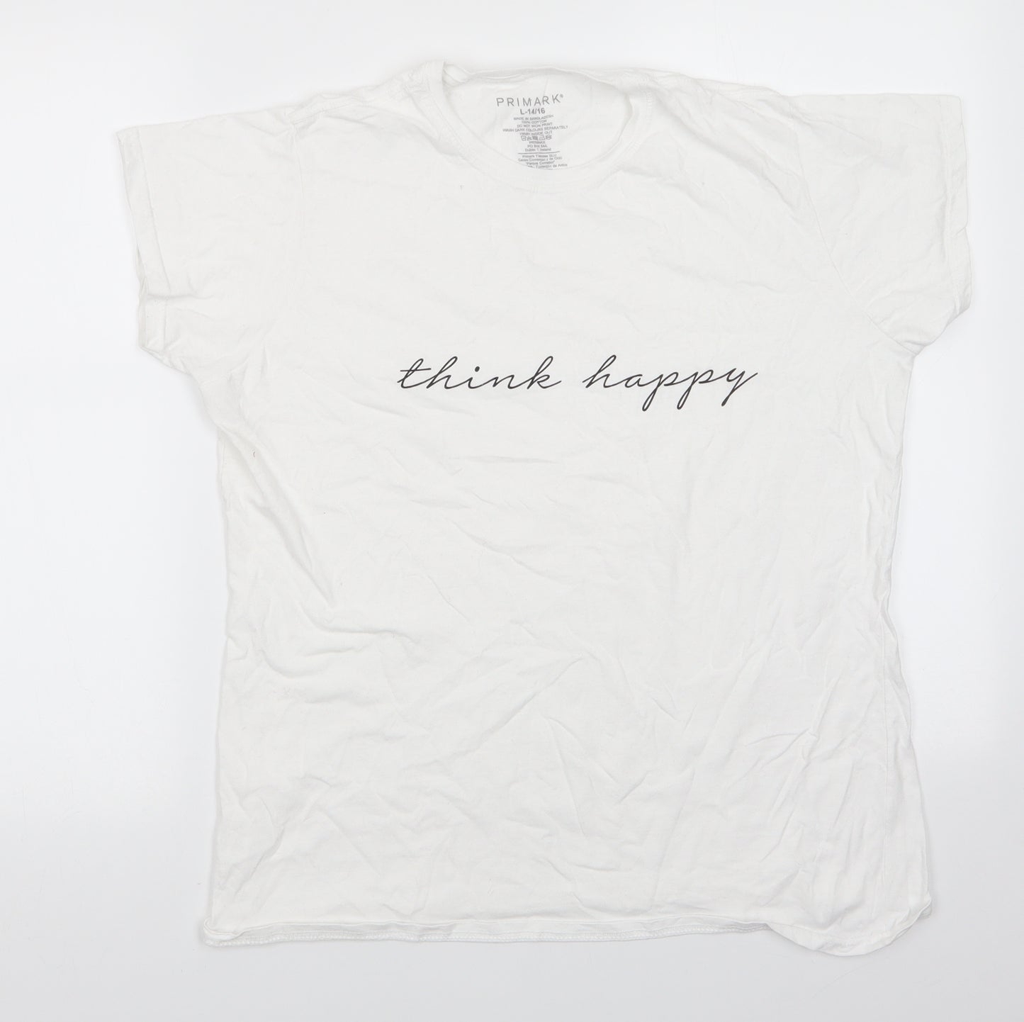 Primark Womens White  Cotton Basic T-Shirt Size L Round Neck - Think Happy