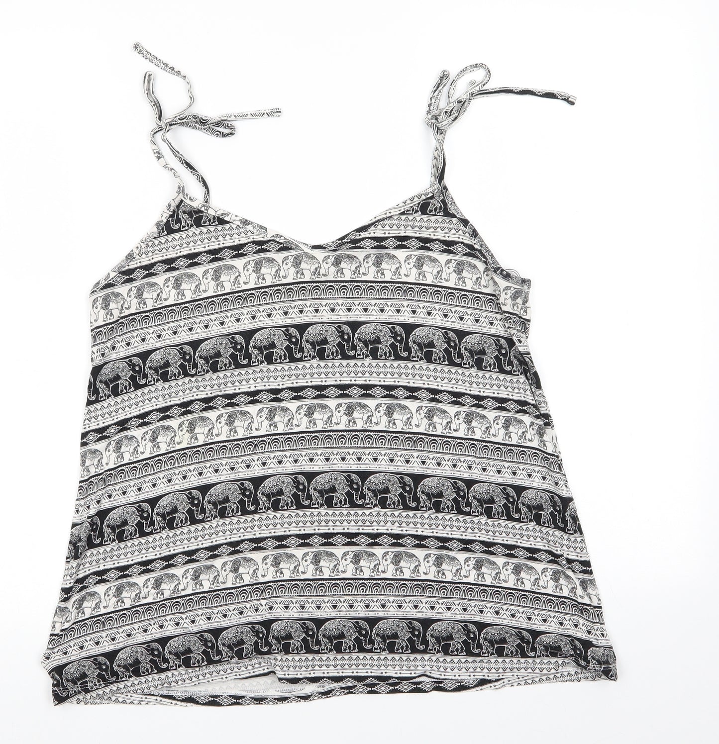 TU Womens White Animal Print Viscose Camisole Tank Size 12 V-Neck - Elephant Print Shoulder Ties