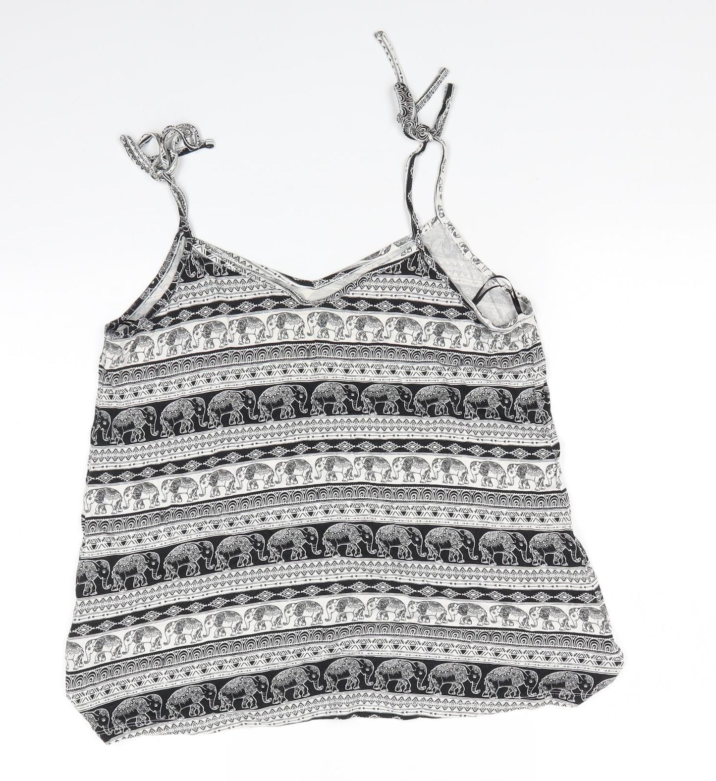 TU Womens White Animal Print Viscose Camisole Tank Size 12 V-Neck - Elephant Print Shoulder Ties