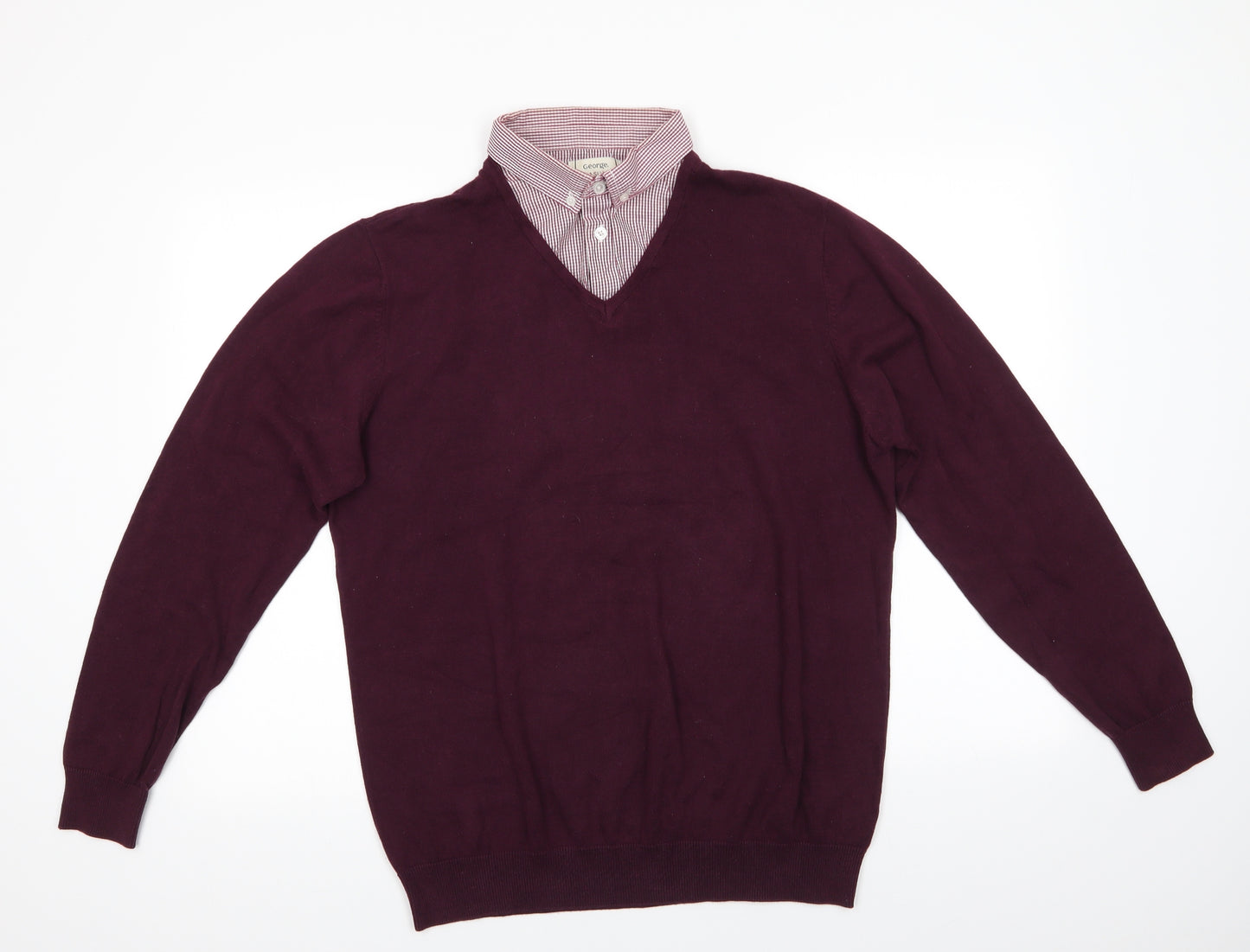George Mens Red Collared  Cotton Pullover Jumper Size L   - Faux check shirt collar Burgandy