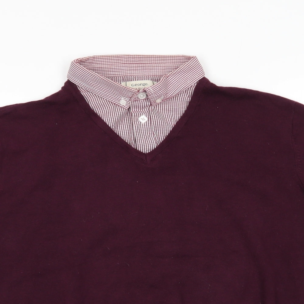 George Mens Red Collared  Cotton Pullover Jumper Size L   - Faux check shirt collar Burgandy