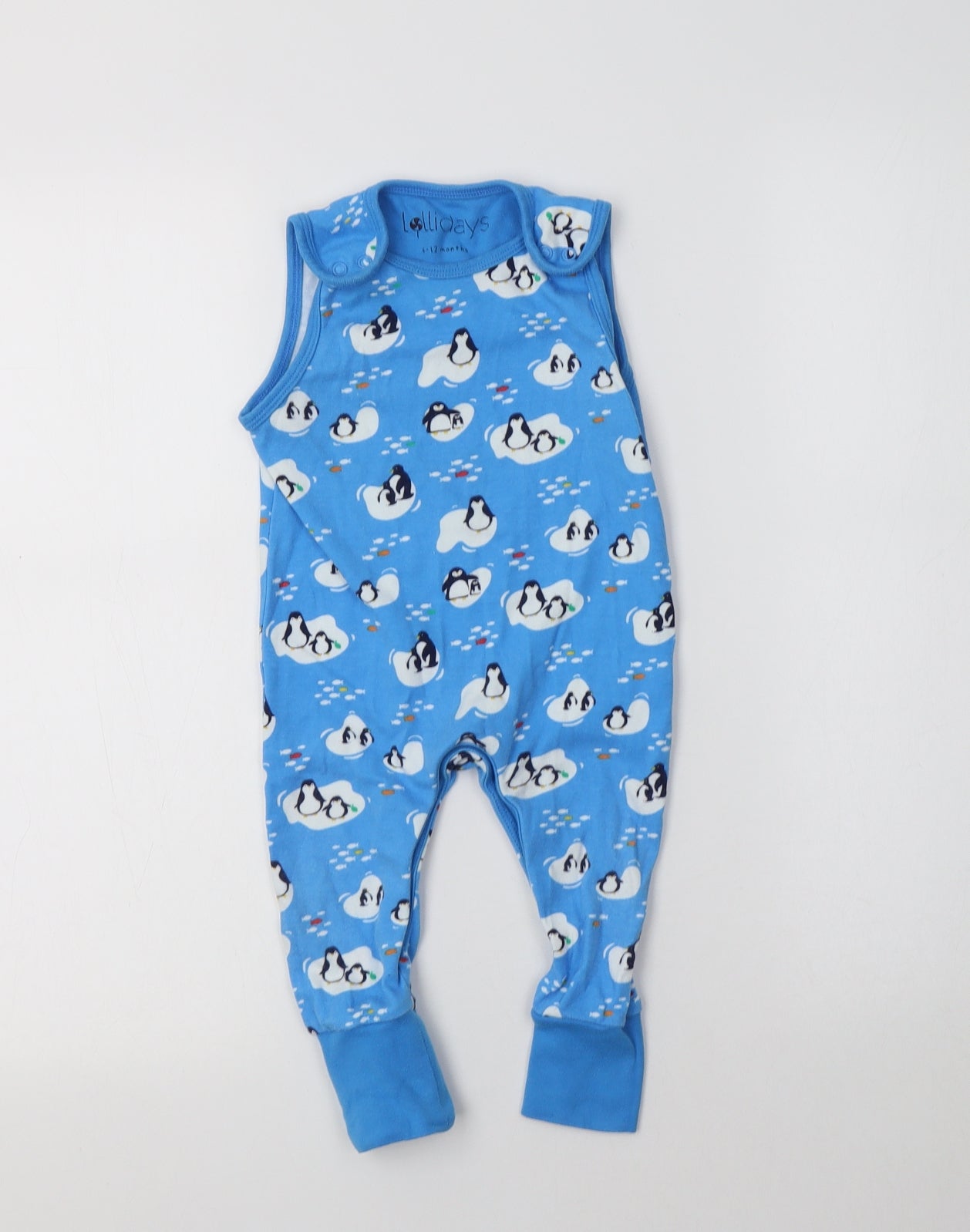 Lollidays Baby Blue Geometric Cotton Babygrow One-Piece Size 6-9 Months   - Penguin Print
