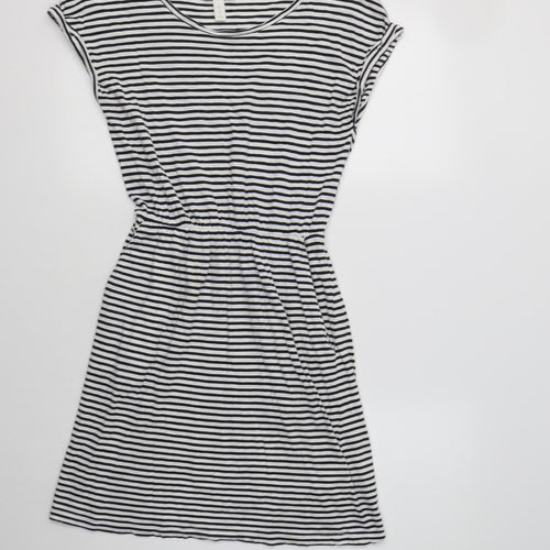 H&M Womens White Striped Cotton Fit & Flare  Size XS  Crew Neck