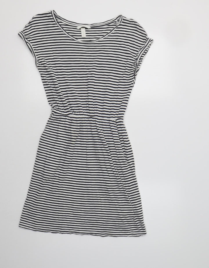 H&M Womens White Striped Cotton Fit & Flare  Size XS  Crew Neck