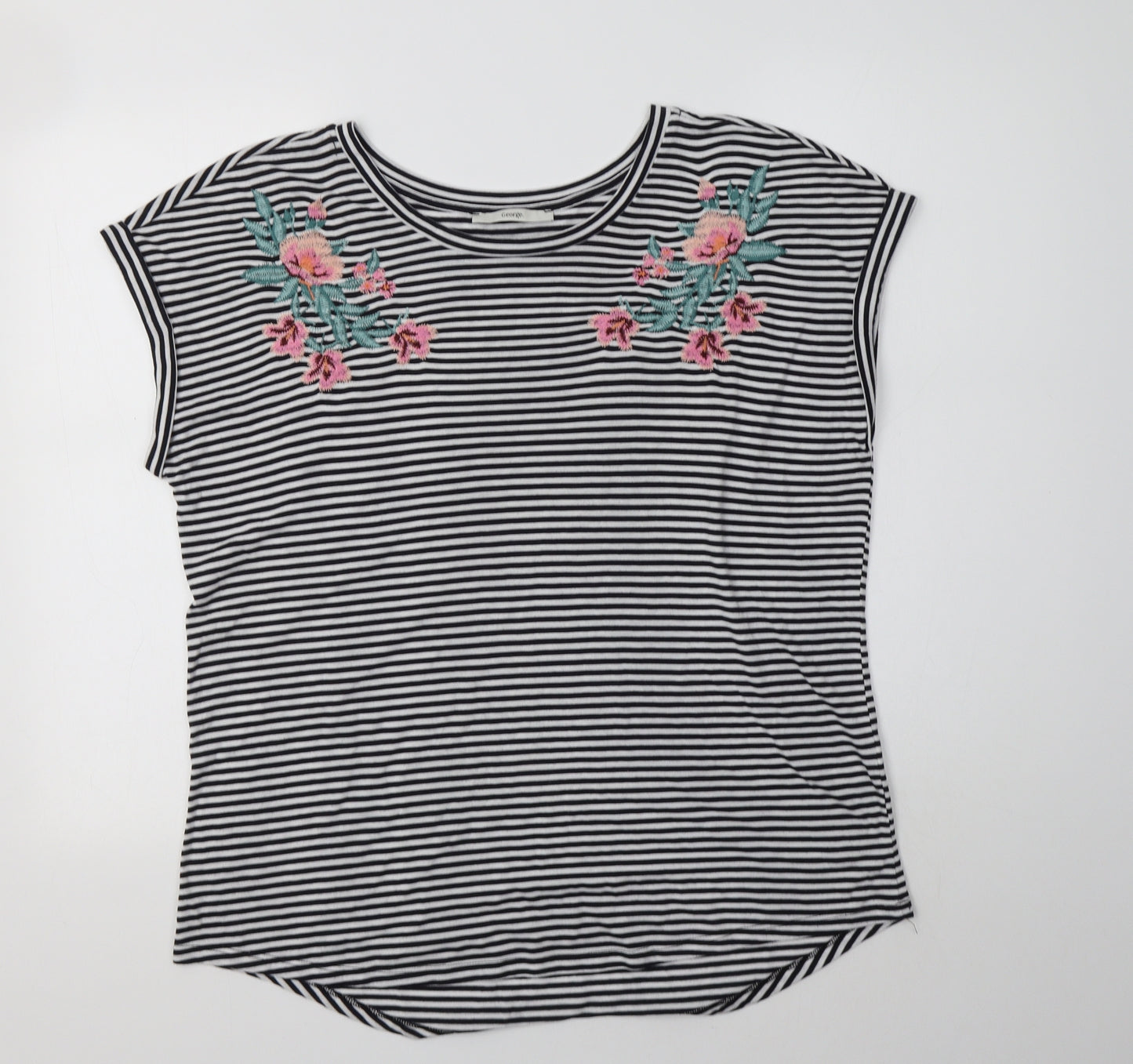 George Womens White Striped Polyester Basic Blouse Size 14 Crew Neck