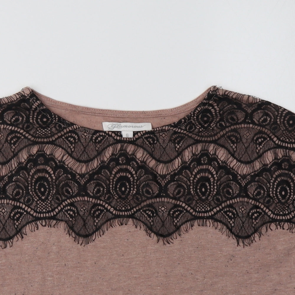 Glamorous Womens Beige  Polyester Basic Blouse Size 6 Crew Neck - Lace Detail