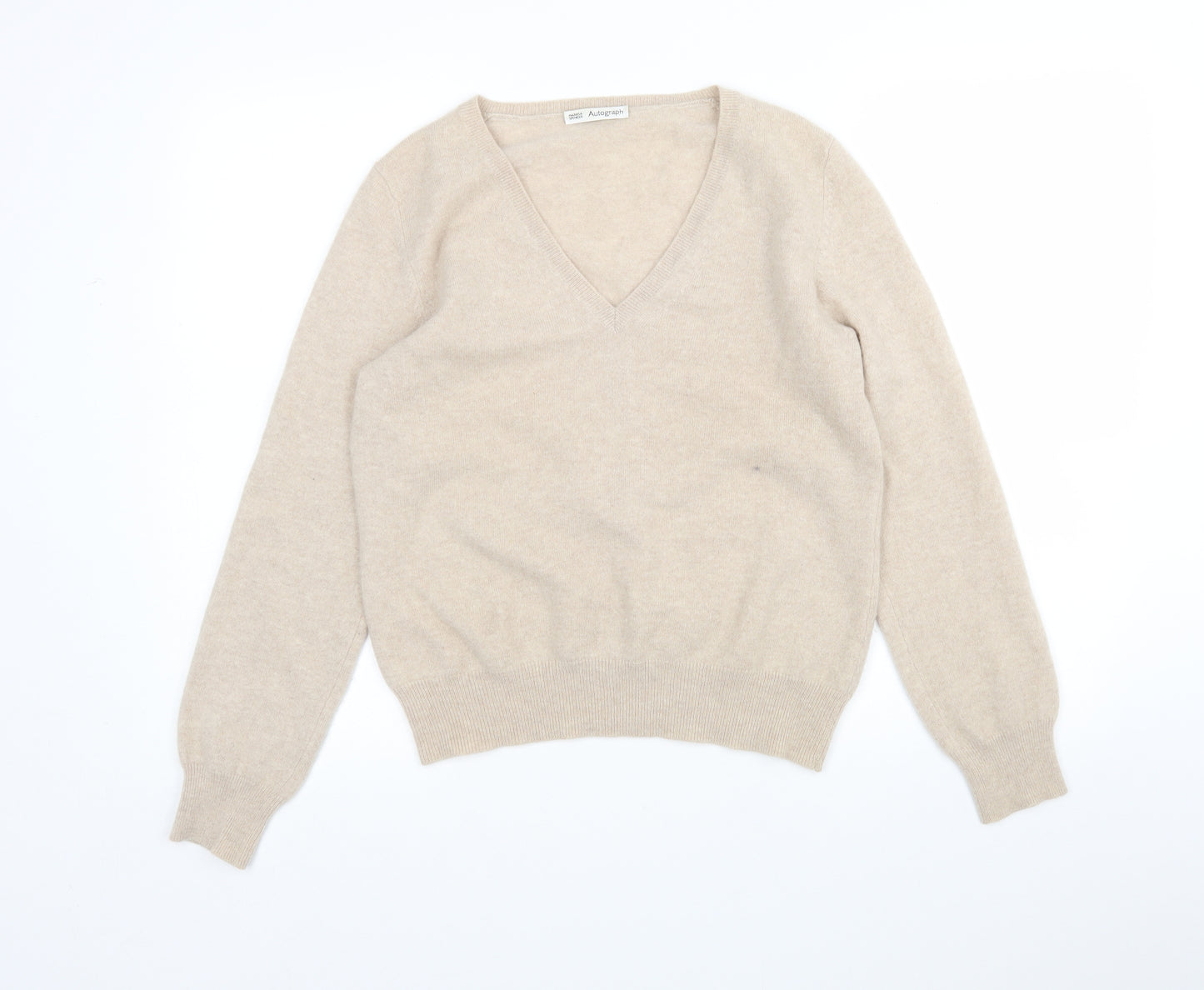 M&S Womens Beige V-Neck  Cashmere Pullover Jumper Size 12