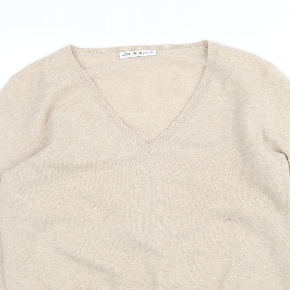 M&S Womens Beige V-Neck  Cashmere Pullover Jumper Size 12