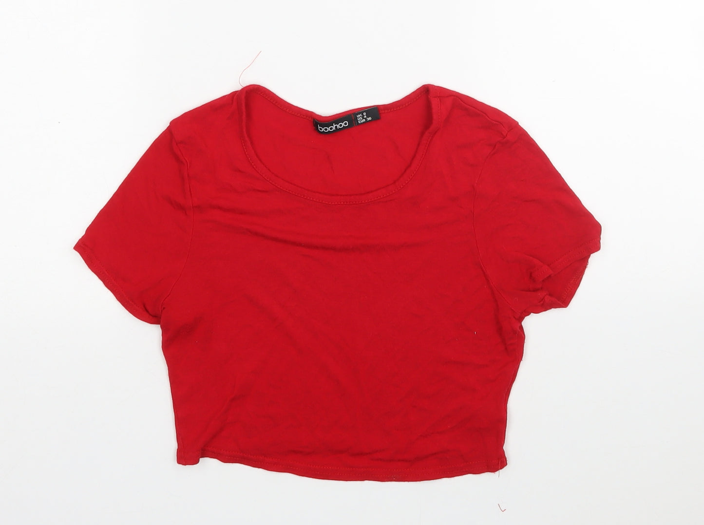 Boohoo Womens Red  Viscose Cropped T-Shirt Size 8 Round Neck