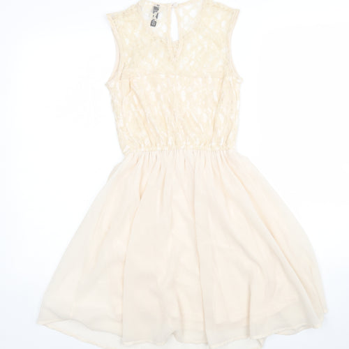 H&M Womens Beige Floral Polyester Fit & Flare  Size 6  Round Neck