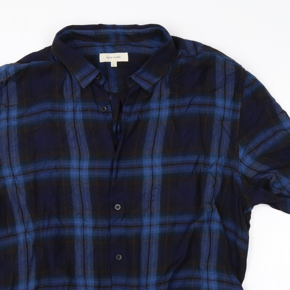 River Island Mens Blue Plaid Cotton  Button-Up Size L Collared Button
