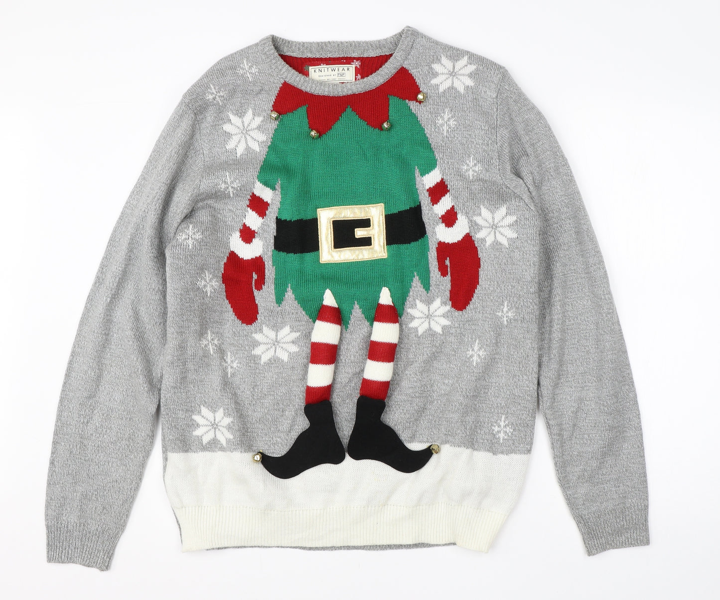F&F Mens Grey Round Neck  Acrylic Pullover Jumper Size XL   - christmas elf