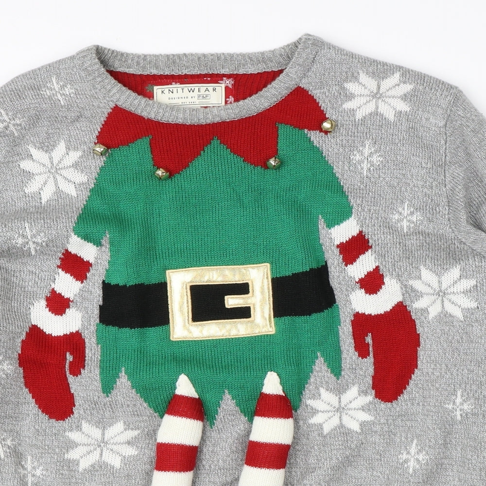 F&F Mens Grey Round Neck  Acrylic Pullover Jumper Size XL   - christmas elf