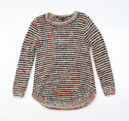 Front view of Caroline Morgan women’s multicoloured round neck striped acrylic jumper, size UK 10