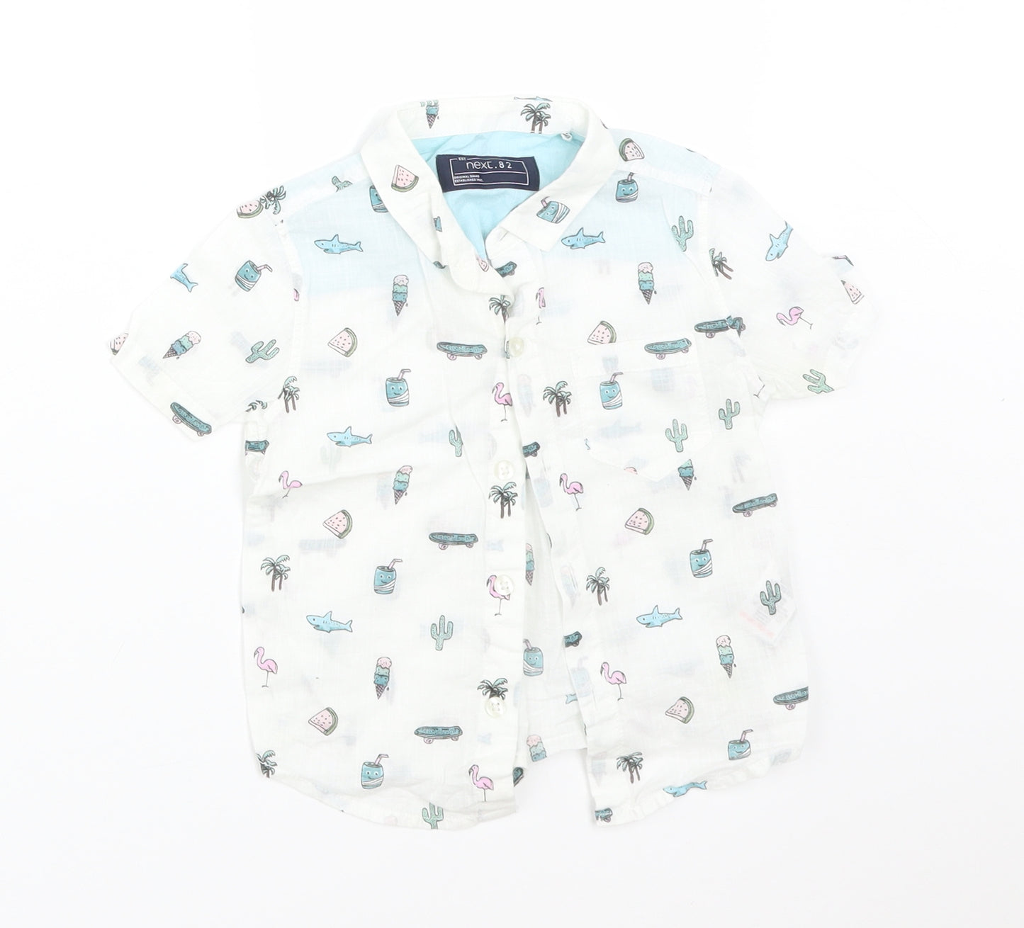 NEXT Boys White  Cotton Basic Button-Up Size 9-12 Months Collared  - FLAMINGO. WATERMELON. SHARK. ICE CREAM. CACTUS. DRINK. TREE. SKATEBOARD