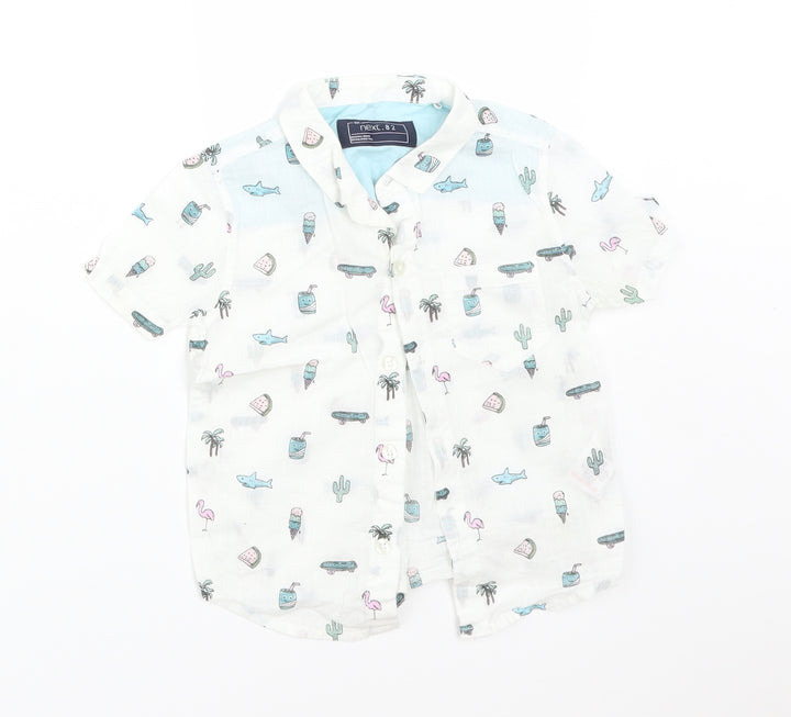 NEXT Boys White  Cotton Basic Button-Up Size 9-12 Months Collared  - FLAMINGO. WATERMELON. SHARK. ICE CREAM. CACTUS. DRINK. TREE. SKATEBOARD
