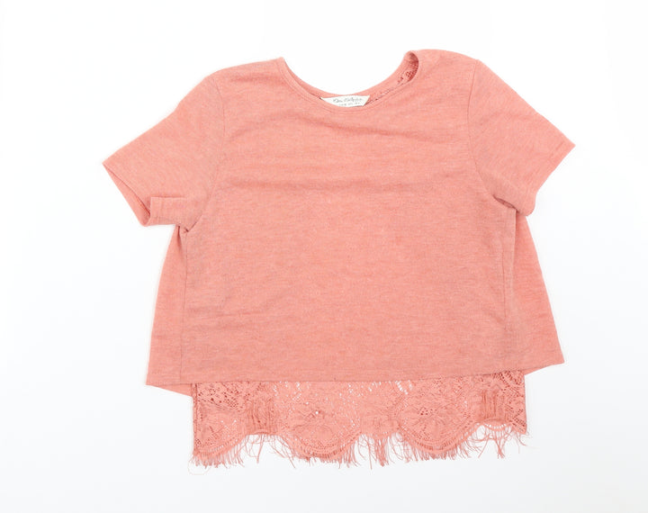 Miss Selfridge Womens Pink Floral Polyester Basic T-Shirt Size 6 Round Neck
