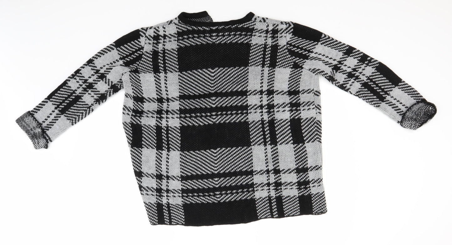 Select Womens Grey Round Neck Check Acrylic Cardigan Jumper