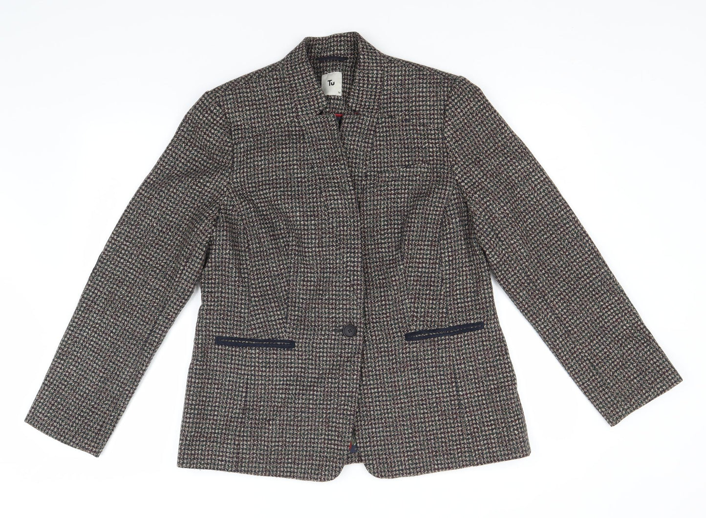 TU Womens Brown Houndstooth  Jacket Blazer Size 14