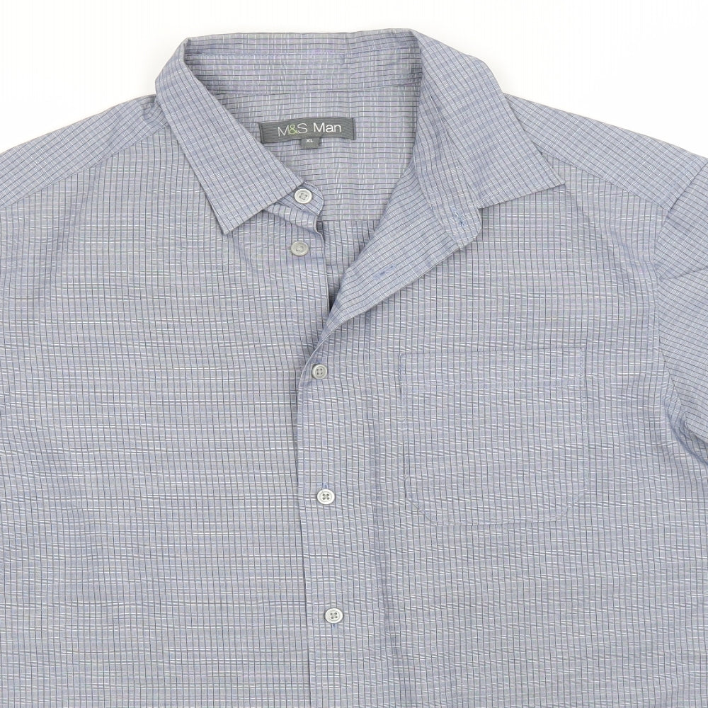 Marks and Spencer Mens Grey Plaid Modal  Button-Up Size XL Collared