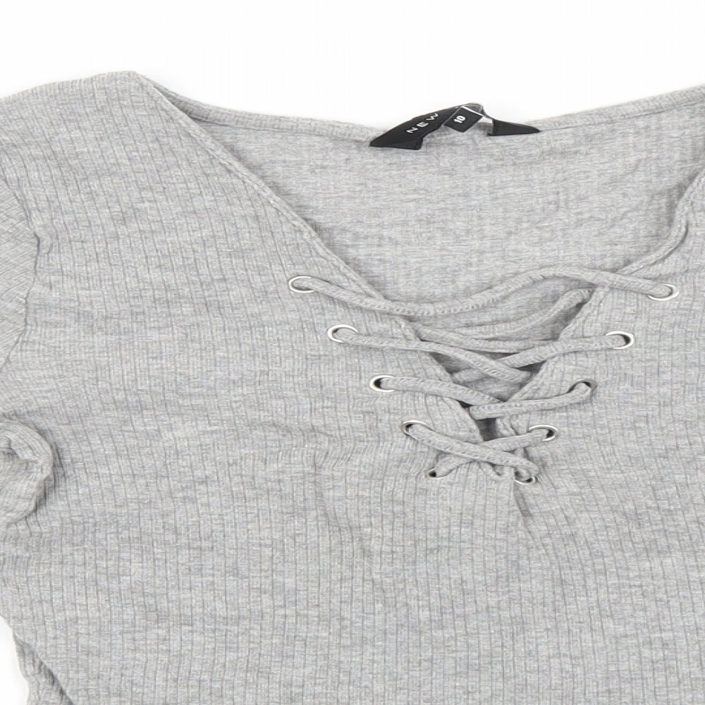 New Look Womens Grey  Cotton Basic T-Shirt Size 10 V-Neck