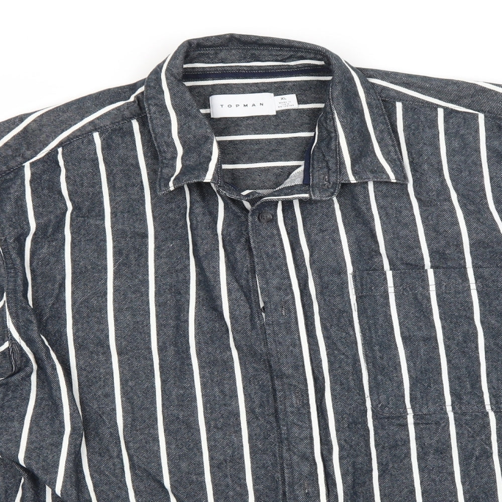 Topman Mens Grey Striped Cotton  Button-Up Size XL Collared