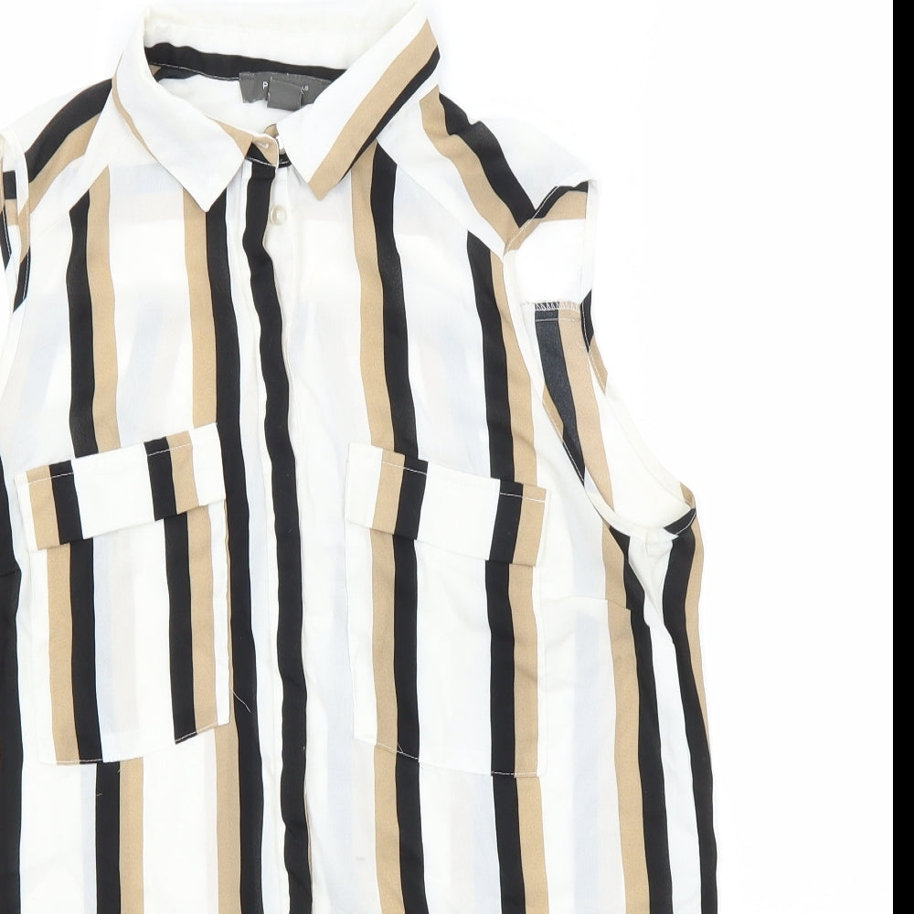 Primark Womens White Striped  Basic Button-Up Size 12 Collared