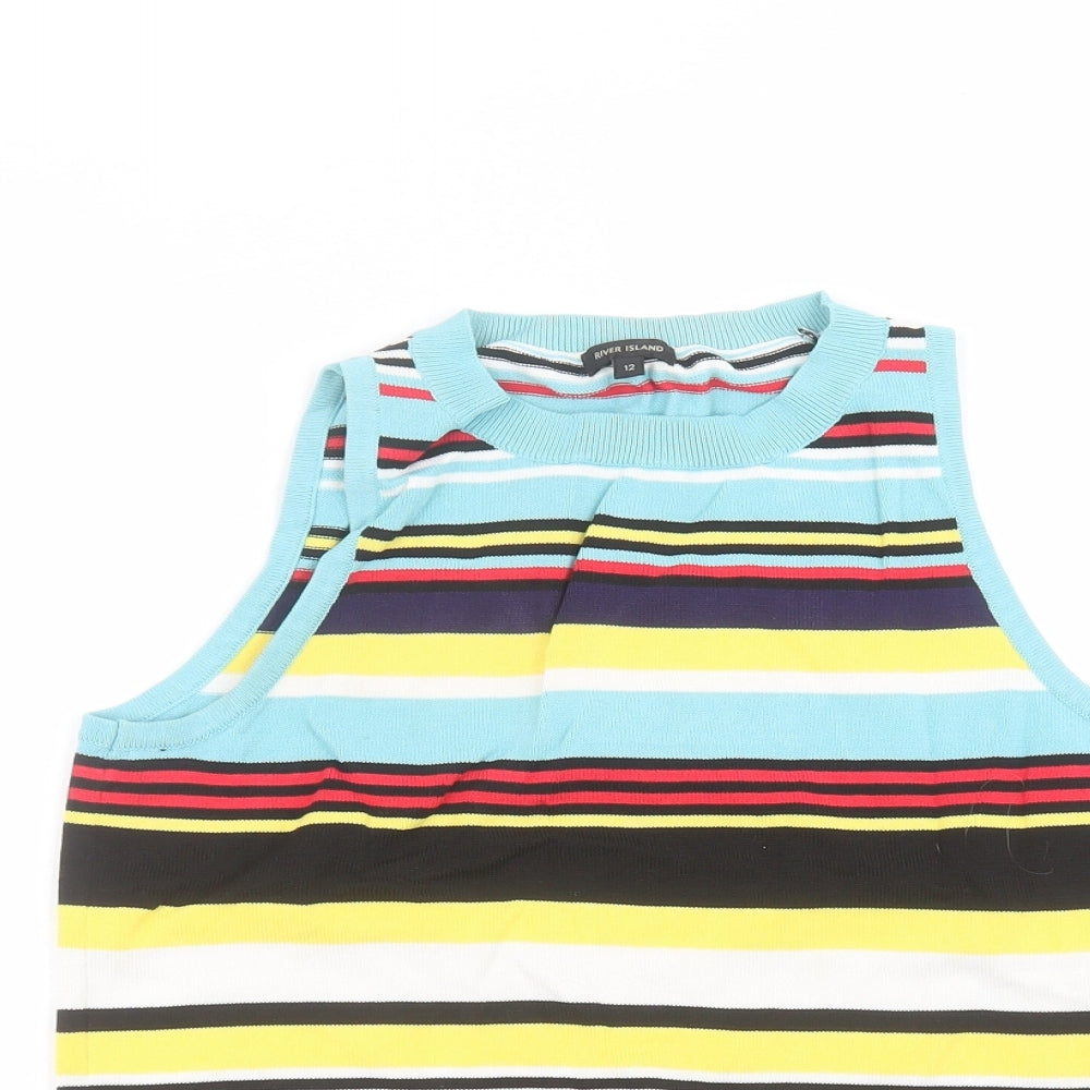River Island Womens Blue Striped Viscose Basic T-Shirt Size 12 Round Neck