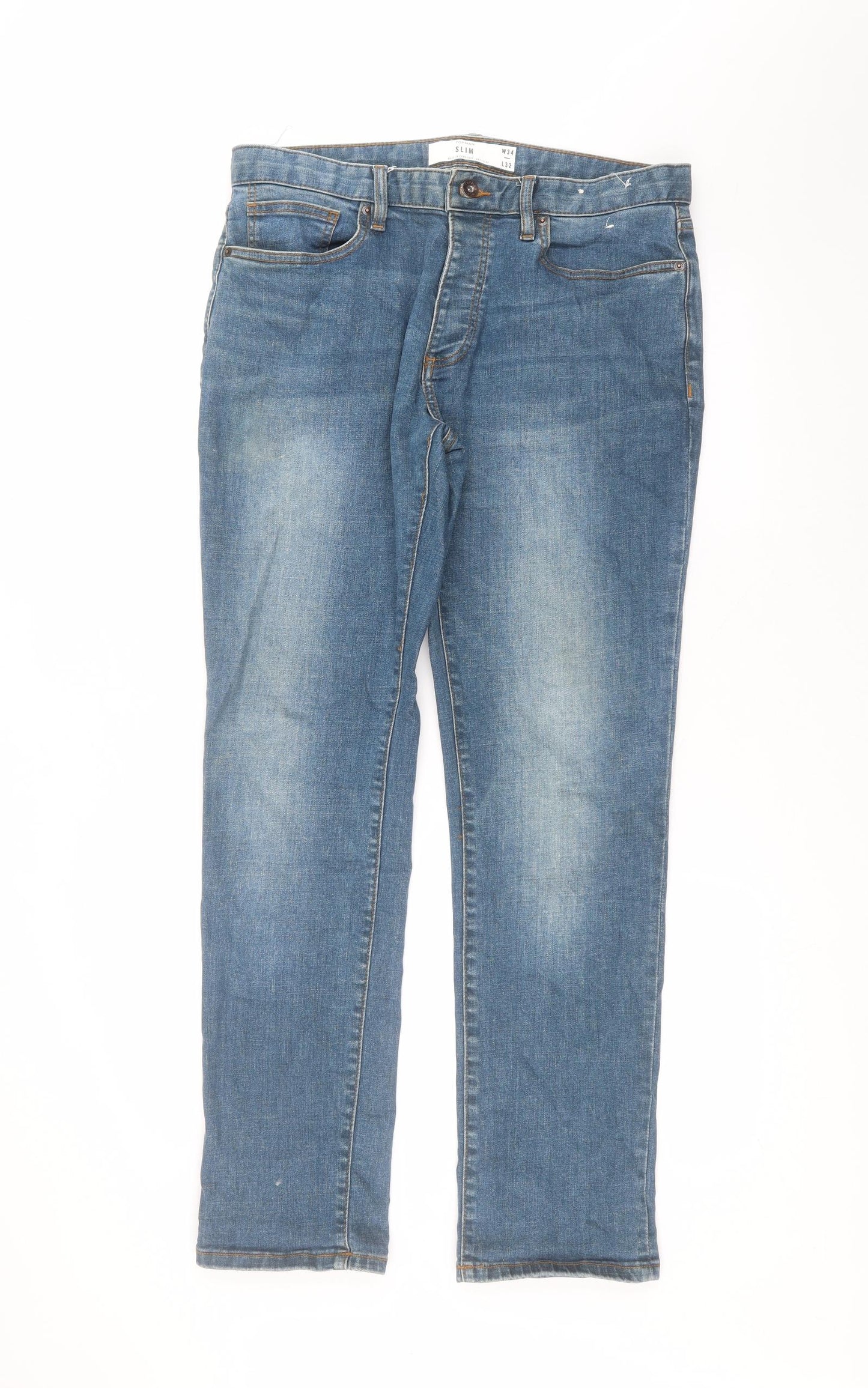 Topman Mens Blue  Cotton Straight Jeans Size 34 in L32 in Regular