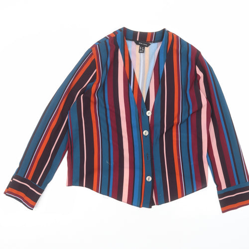New Look Womens Red Striped Polyester Basic Button-Up Size 10 V-Neck