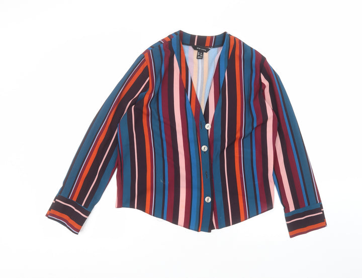 New Look Womens Red Striped Polyester Basic Button-Up Size 10 V-Neck